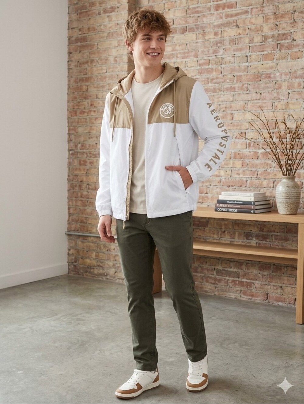 Aeropostale Men's Colorblock Windbreaker Jacket Tan White Crest Logo Hooded XL